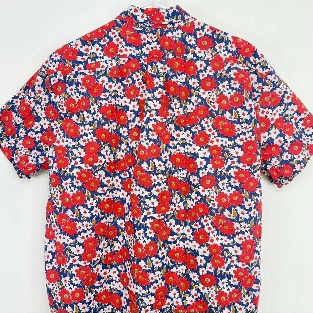 J. Crew Blue Red Floral 100% Cotton Slim Fit Button Down Short Sleeve Shirt